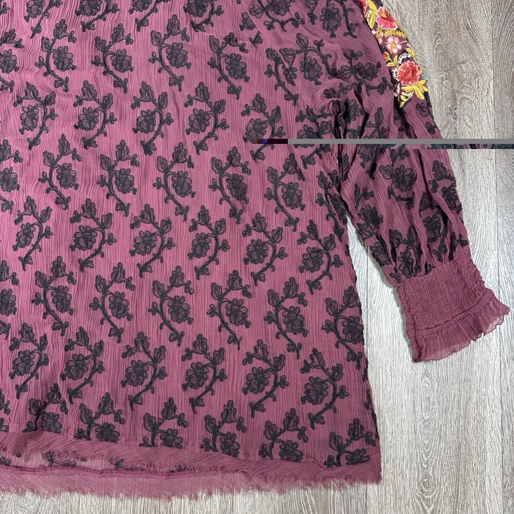 Sundance Gemma Elegance Embroidered Top Maroon Popover Blouse Size XL - Picture 14 of 15
